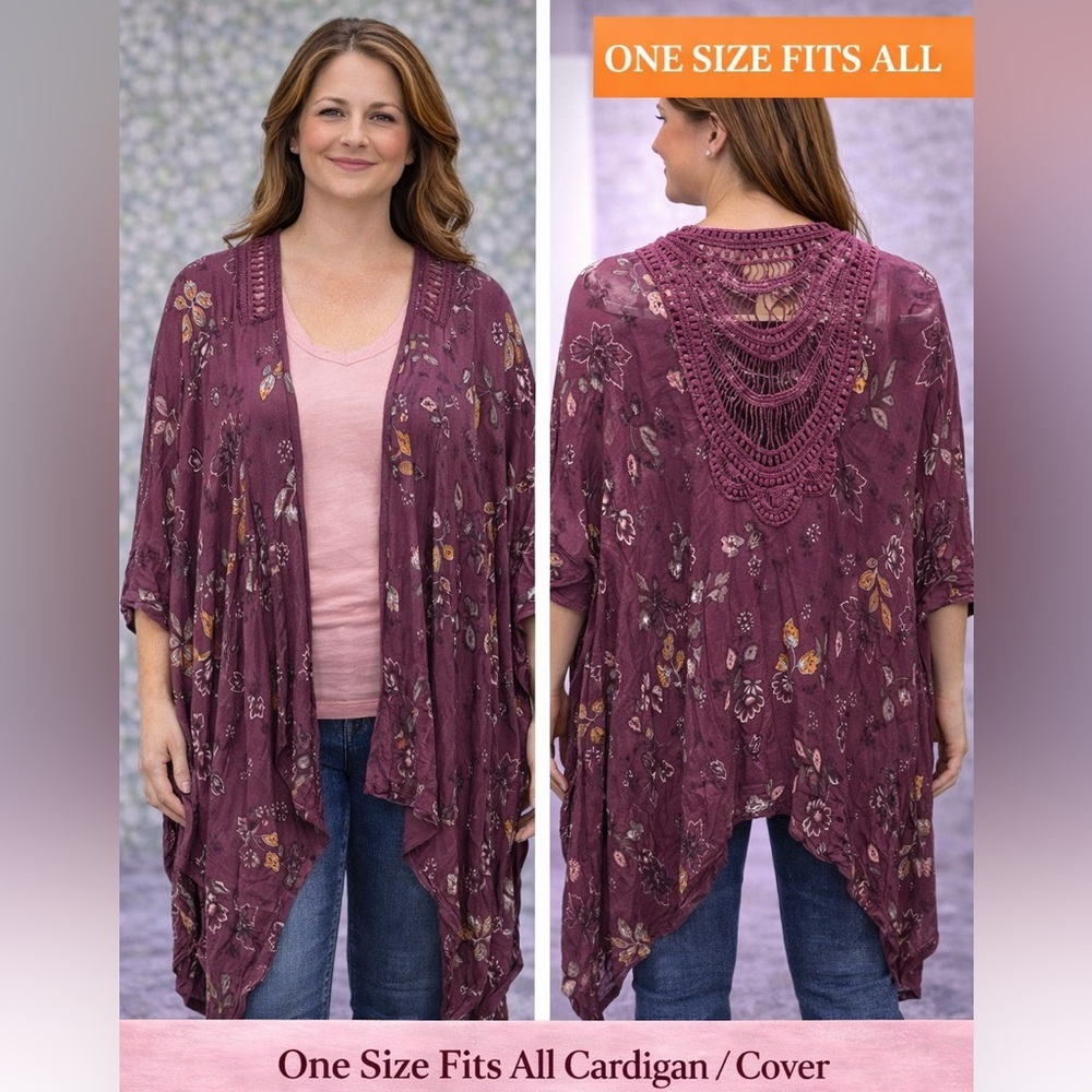 One-Size Floral Crochet-Back Cardigan - Plum